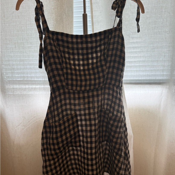 Reformation Gingham Tie-Shoulder Mini Dress in Black and Cream - Picture 6 of 6